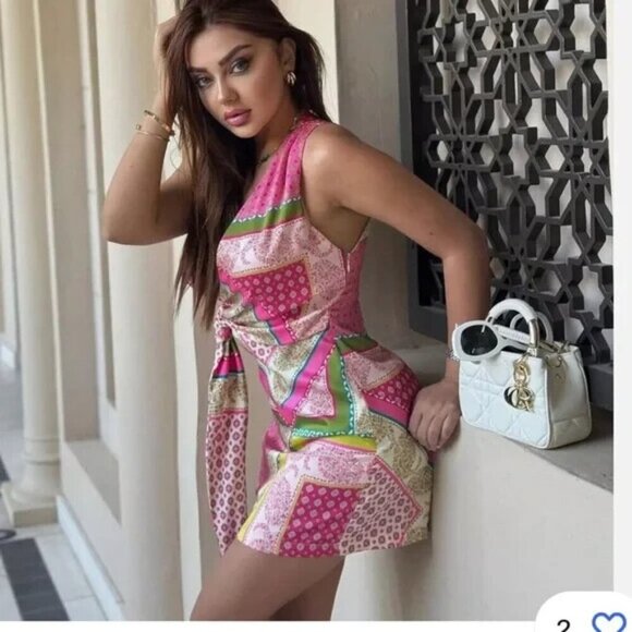 Zara Patchwork Print Scarf Pink Green Mini Deep V - Picture 2 of 16